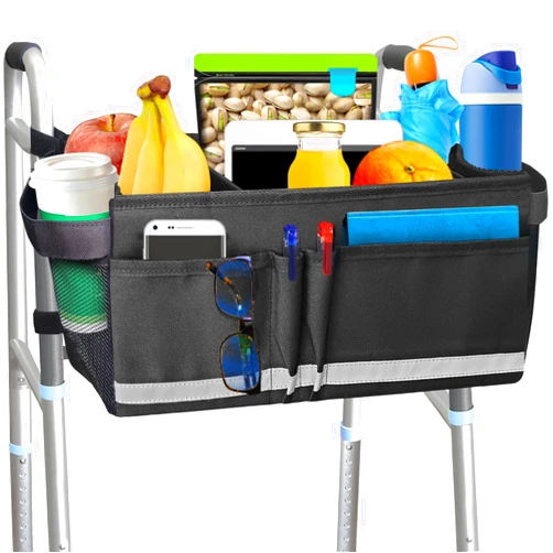 Aliseniors Walker Basket Walker Accessories for Folding Walker with Water Cup Holder - Multi Pockets Basket for Walker for Seniors - Big Capacity & Never Tipping Over Walker Bag