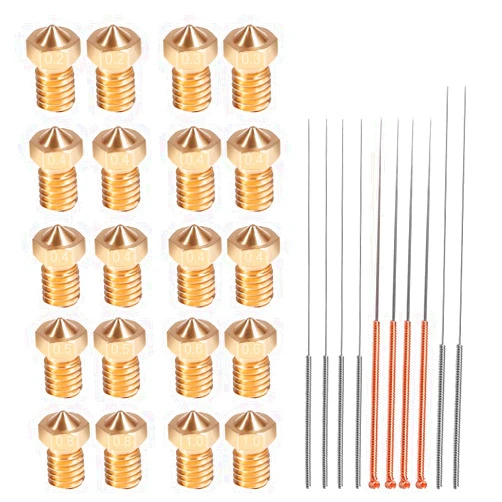 UMLIFE 3D Printer M6 Nozzles with Cleaning Needles Kit, V6 V5 Brass Exruder Nozzle Print Head 1.75mm Filament for E3D Makerbot, Assorted Sizes 8pcs 0.4mm Nozzles + 2pcs (0.2 0.3 0.5 0.6 0.8 1.0mm) Nozzles
