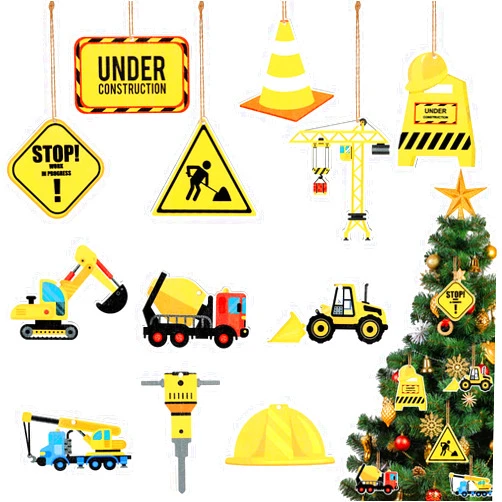 Yookeer 24 Pieces Christmas Ornaments Construction Wood Ornaments with Rope Trucks Hanging Wood Signs Truck Digger Cutouts Traffic Zone Wood Xmas Decoration for Tree Home