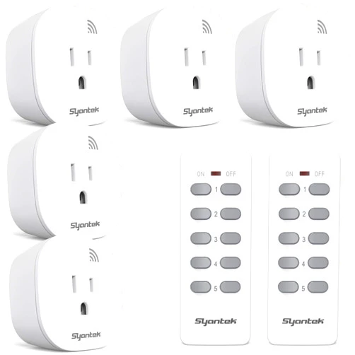 Syantek Remote Control Outlet Wireless Light Switch for Household Appliances, Expandable Remote Light Switch Kit, Up to 100 ft Range, FCC Certified, ETL Listed, White (5 Outlets + 2 Remotes)