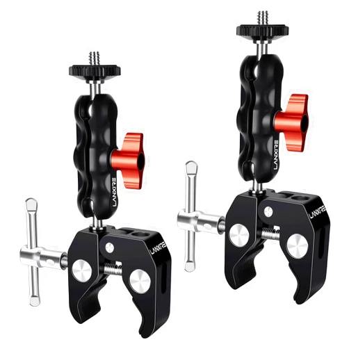 LANXIRE Super Clamp Camera Mount with Double Ball Head Adapter - 2 Pack - Compatible with Canon Nikon DSLR, Gopro, LED Lights, Ronin-M/MX, Freefly MOVI - 360° Rotation - 1/4