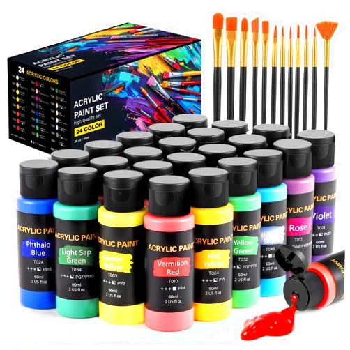 TMOL Acrylic Paint Set, 24 Colors (2 oz/Bottle) with 12 Art Brushes, Art Supplies for Painting Canvas, Wood, Ceramic & Fabric, Rich Pigments Lasting Quality for Beginners, Students & Professional Artist