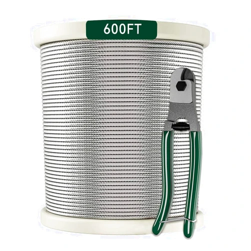 TGODRVC 1/8 Stainless Steel Cable with Cutter7x7 Strands Construction,T316 Stainless Steel for Deck Railing,Porch Fence,String Lights Hanging Wire 600FT