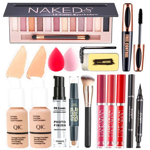 NUIBO All in One Makeup Kit,Includes Naked Eyeshadow,Liquid Foundation,CC Cream,Lipstick Set,Mascara,Makeup Brush,Makeup Sponge,Eyebrow Powder,Eyebrow Soap,Eyeliner Stamp, Primer,Contour Stick,Cosmetic Bag