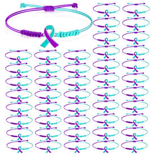 Sasylvia 20/100/150 Pcs Suicide Prevention Awareness Bracelets Adjustable Cord Purple Teal Ribbon Braided Bracelets Inspirational Suicide Prevention Gifts for Women Men Jewelry Accessories