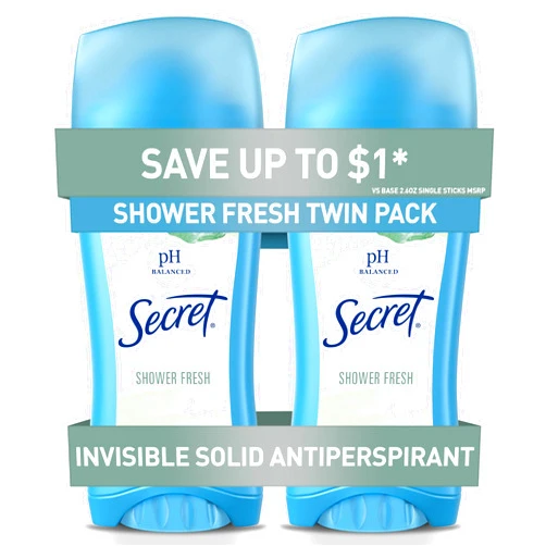 Secret Antiperspirant and Deodorant for Women, 24hr Sweat & Odor Protection, PH Balanced Protection, Gentle on Skin, Invisible Solid, Shower Fresh Scent, 2.6 oz (Pack of 2)