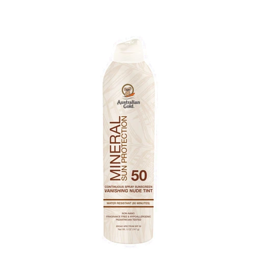 Australian Gold SPF 50 Tinted Mineral Sunscreen Spray, 5 fl oz, Broad Spectrum Continuous Spray for Face & Body, Easily Blendable Sunblock, Zinc Oxide 4% & Titanium Dioxide 4%, All Skin Types