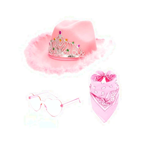 Patyhapy Feather Boa Pink Cowgirl Hat with Heart Glasses Bandana Women Western Princess Crown Tiara Cowboy Hats Bachelorette Costume Cosplay Party Dress-Up