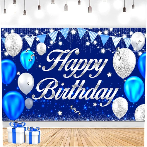 MDCGFOD Happy Birthday Banner - Birthday Decorations for Men Women Boys Girls Blue Sliver Birthday Party Banners Welcome Happy Birthday Background Sign Birthday Theme Party Decorations Indoor Outdoor