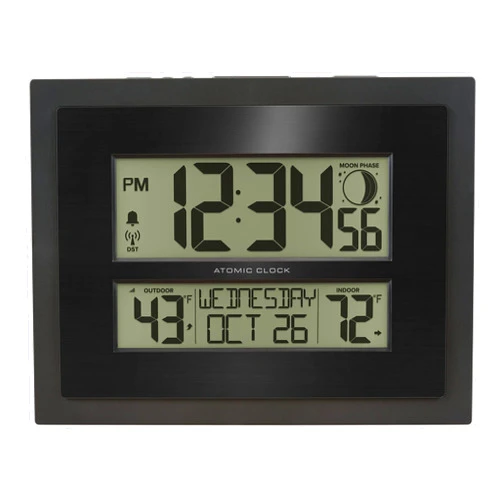 La Crosse Technology 513-75624-INT Digital Atomic Clock with Outdoor Temperature and Moon Phase,Black