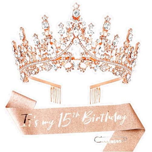 TOBATOBA 15 Birthday Decorations for Girls, Rose Gold Birthday Sash and Tiara for Girls, It's My 15th Birthday Decorations for Girls, Quinceanera Crown Fabulous Birthday Party Favor Supplies for Girls