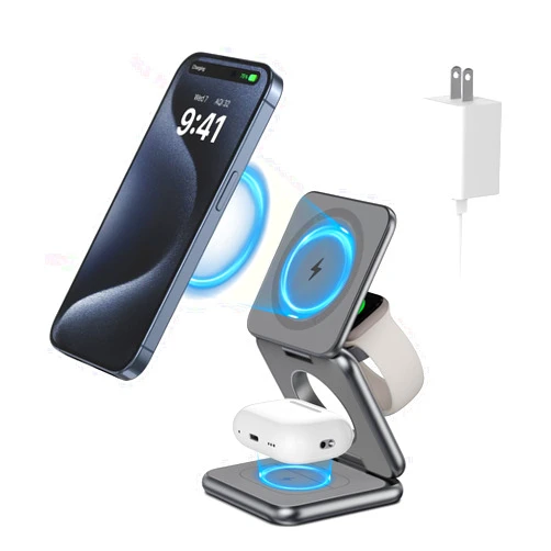 KU XIU Foldable Magnetic Wireless Charger, Aluminum Alloy 3 in 1 Charging Station for Apple, Fast Mag-Safe Charger Stand for iPhone 15 14 13 12 Pro/Max/Plus, for AirPods 3/2/Pro,5W for iWatch-Gray