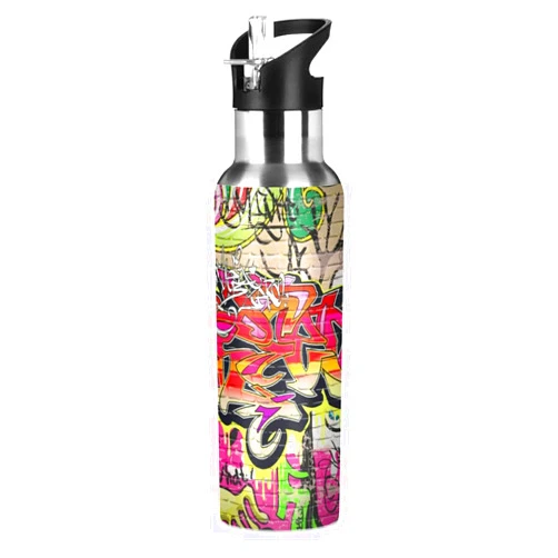 xigua Graffiti Wall Water Bottle, 22oz BPA Free Stainless Steel, Vacuum Insulated, Leak-Proof Straw Lid, Perfect for Hiking, Sports, Gym, Office, Outdoor Activities