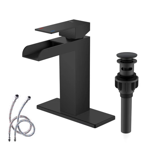 KENES Matte Black Waterfall Bathroom Faucet, Single Handle Black Bathroom Sink Faucet with Faucet Escutcheons, Pop Up Drain Stopper & Lead-Free Water Supply Lines LJ-9035-2