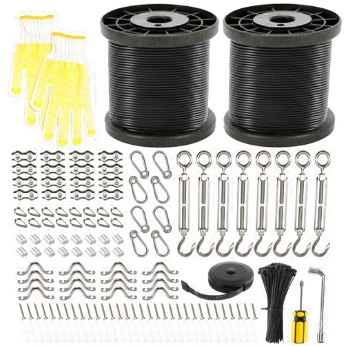 GNILLKO String Light Hanging Kit, 400Ft Nylon Coated Stainless Steel 304 Wire Rope Kit and Enough Accessories, Guide Wire for Outdoor String Lights, Patio Lights, Camping Lights