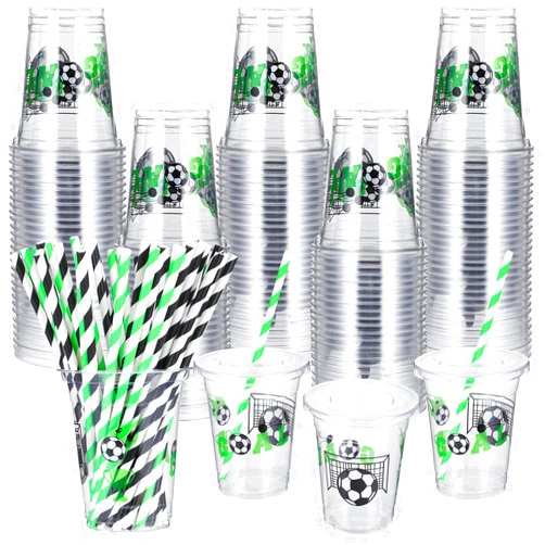 Suttmin 120 Sets Soccer Party Supplies Bulk 12oz Thick Disposable Cups Plastic Soccer Cups with Lids and Straws for Soccer Events Sports Birthday Party Favors Soccer Tableware Decorations
