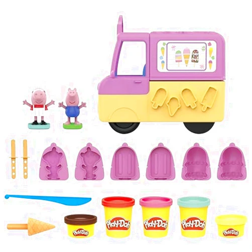 Play-Doh Peppa's Ice Cream Playset with Ice Cream Truck, Peppa and George Figures, and 5 Non-Toxic Modeling Compound Cans, Peppa Pig Toy for Kids 3 Years and Up