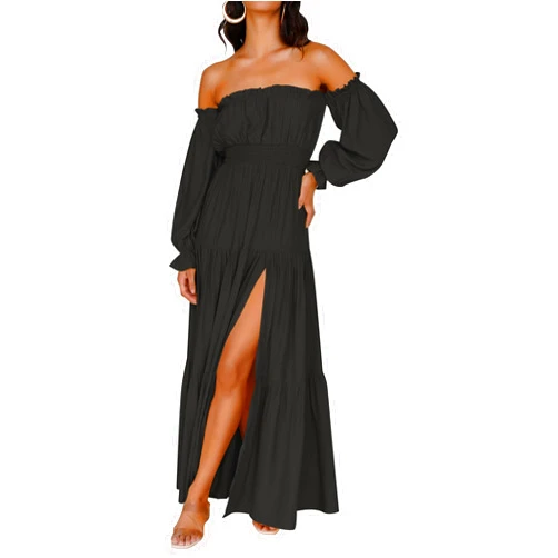 ZESICA Women's 2024 Boho Sexy Off Shoulder Long Sleeve Smocked High Waist Side Split Flowy A Line Tiered Long Maxi Dress