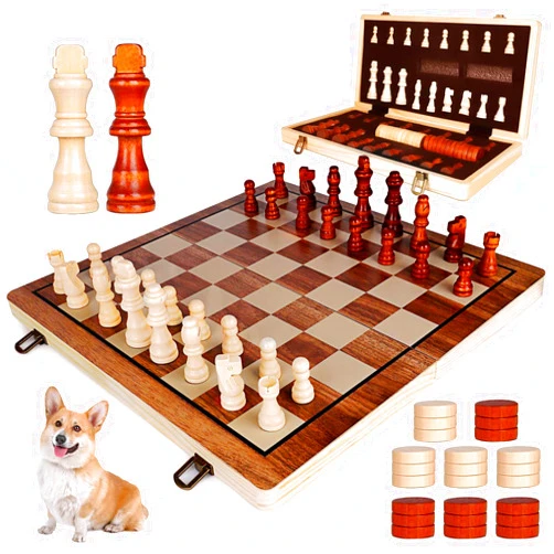 Demiwise 15 Inch Wooden Chess Sets,Chess & Checkers Set with 2 Extra Queens,Foldable Wooden Chess Set Board for Adults and Kids,Handmade Portable Chess Board Game for Familly Travelling Gift