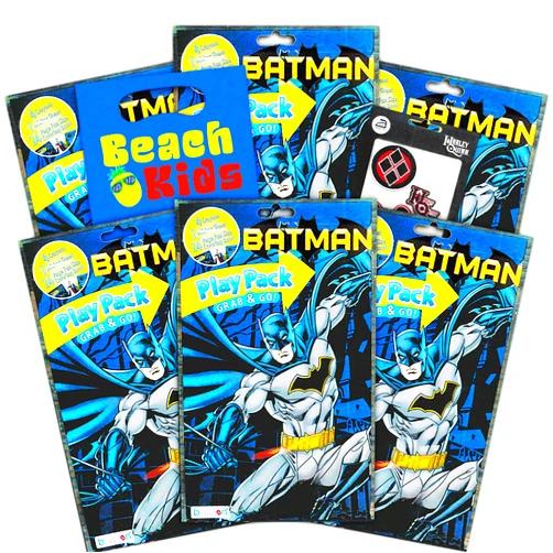 DC Comics Batman Party Favors Pack ~ Bundle of 6 Batman Play Packs Filled with Stickers, Coloring Books, Crayons with Harley Quinn Patches, Superhero Stamp, and Door Hanger (Batman Party Supplies)