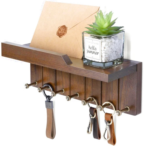 Rebee Vision Farmhouse Key Holder Wall Mount - Decorative Key and Mail Holder for Wall with 7 Hooks and Shelf Organizer - Ideal Apartment Essentials for Aesthetic Home Decor (Rustic Brown)