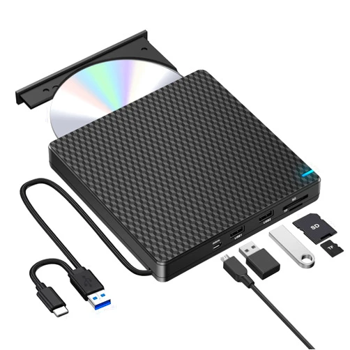 Guamar External CD/DVD Drive for Laptop, USB 3.0 CD Burner DVD Player Reader Writer for Mac with SD TF 2 USB Ports, Optical Disc Drive for PC MacBook Pro/Air Windows 11/10