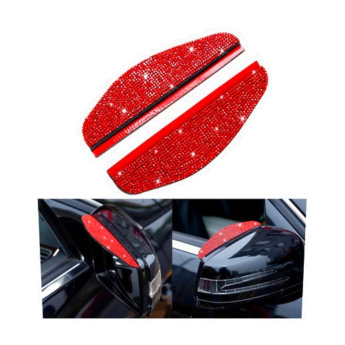Osilly 2PCS Car Rearview Mirror Rain Eyebrows, Bling Crystal Rear View Mirror Rain Visor Guard, PVC Waterproof Auto Mirror Visor Smoke Shade Cover, Automotive Exterior Accessories Decor（Red）