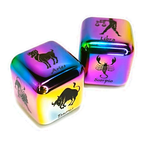 Hometu 2Pcs/Set Metal 12 Constellation Dice Set, Laser Engraved 6-Sided Stainless Steel Big Zodiac Dices for Game Divination Accessory (Classic, Colorful), DK-MDICE-12XZ