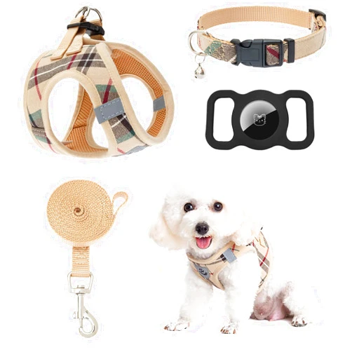 EXPAWLORER Classic Plaid Puppy Harness - Small Dog Harness and Leash Set - Dog Collar and Leash Set with AirTag Holder, Soft Padded Step in Dog Vest Harness No Pull Reflective for Outdoor, Khaki S