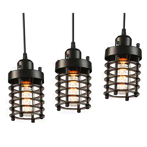 PIHAPPY Retro Vintage Barn Ceiling Hanging Lamp Pendant Light Rustic Adjustable Mini Metal Cage Shade Modern Light Fixture 3 Pack Without BLUBS (Black)