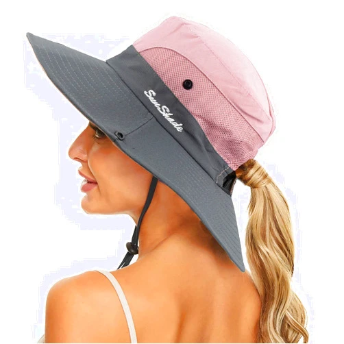 Pogah Women's Summer Sun-Hat Ponytail - Outdoor UV-Protection Mesh Wide Brim Foldable Hat with Ponytail Hole