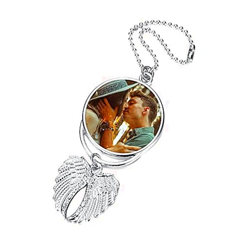 BOPREINA Double Side Photo Personalized Engraving Car Hanging Picture Frame Holder Car Accessories Full Color Custom Angel Wings Pendant Ornament for Rear View Mirror Car Hanging Charm Silver
