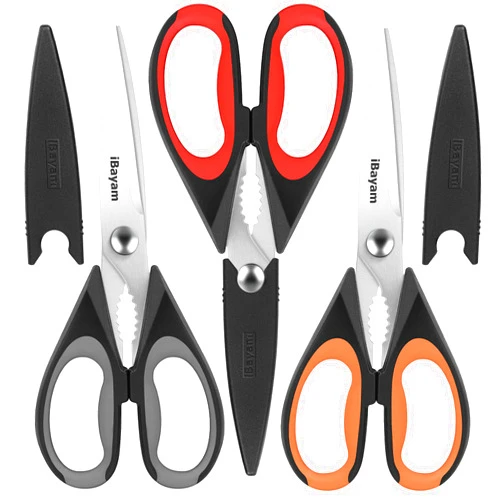 iBayam 3-Pack Kitchen Scissors All Purpose Kitchen Shears Heavy Duty Scissors with Protective Sheath for Food, 8.5