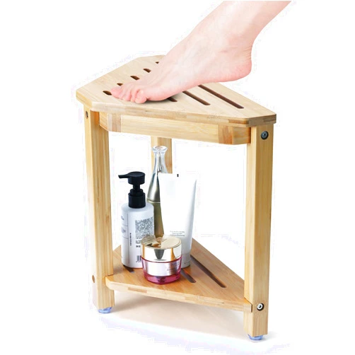 Boulphia Shower Foot Rest 13.8in, Bamboo Shower Stool for Shaving Legs, Waterproof Corner Shower Stool with Storage Shelf, Shower Foot Stool for Inside Small Shower Spaces