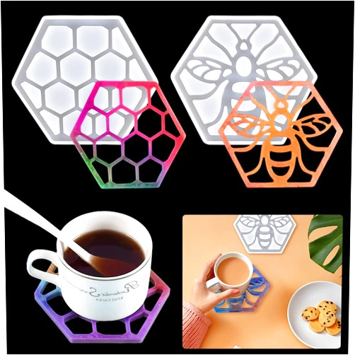 KyeeaDIY 2pcs Resin Coaster Molds Bee Resin Molds Silicone Car Cup Holder Mould Honeycomb Mold Hexagon Silicone Molds for Epoxy Casting Crystal Agate Tray Resin Moulds Cup Mat for DIY Craft