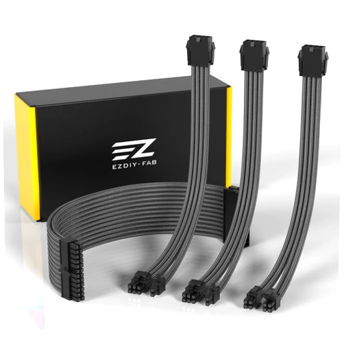 EZDIY-FAB PSU Extension Cable Sleeved Custom Mod PC Power Supply Cable, Soft Nylon Braided with Comb Kit 24PIN/8PIN to 6+2Pin/ 8PIN to 4+4PIN-30CM 300MM-Carbon