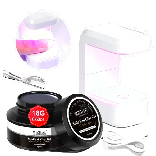 MIZHSE Solid Nail Glue, 18g Solid Nail Glue Gel for Nails and Mini U V Light LED Lamp for Nail Cured Solid Gel Nail Glue for Acrylic Nails, Nail Tips Long Lasting Rhinestone Glue for Nail Salon