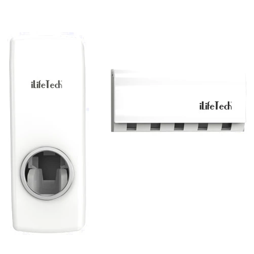ILifeTech Hands Free Toothpaste Dispenser, Bathroom Toothbrush Holder, Automatic Toothpaste Squeezer and Holder Set (5 Brush Holder), White
