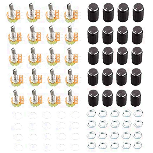 CenryKay 20 PCS B10K 10K 3Pin Ohm Knurled Shaft Linear Rotary Potentiometer Kit with Knob/Nuts/Washer Kit