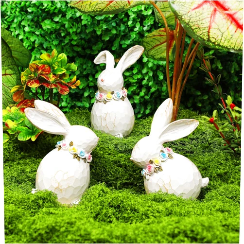 Lulu Home 3 Packs Easter Tabletop Ornaments, Resin White Bunnies Figurines with Floral Wreaths Around Necks, Standing Rabbit Statues for Spring Garden Home Mantel Indoor Outdoor Decorations