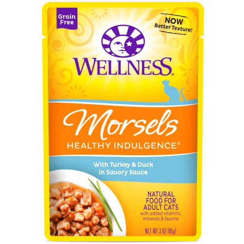 Wellness Healthy Indulgence Natural Grain Free Wet Cat Food, Morsels Turkey & Duck, 3-Ounce Pouch (Pack Of 24)