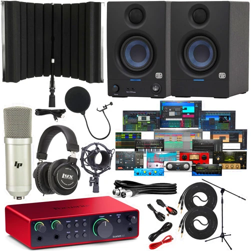 Focusrite Scarlett 2i2 4th Gen USB Audio Interface Bundle with New Designed Eris 3.5 Studio Monitors with Exclusive Creative Music Production Software Kit & Sound Isolation Recording Shield