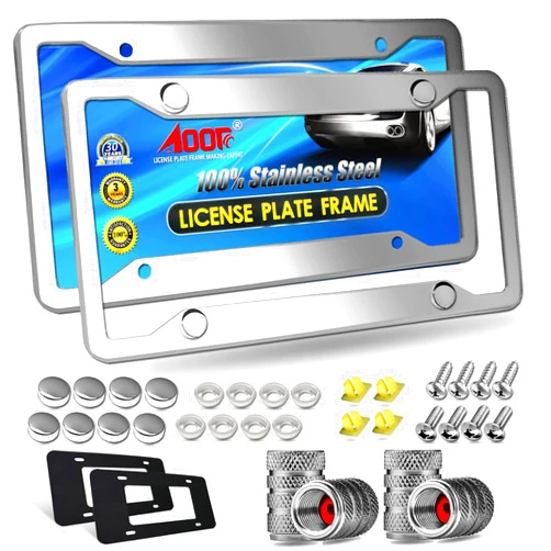 Aootf Stainless Steel License Plate Frames- Heavy Duty Polish Mirror Silver Car Tag Cover with Chrome Screw Caps, 4 Hole 2 Pack Front & Rear Holders for Women/Men, Tire Valve Caps, Rattle Proof Pads