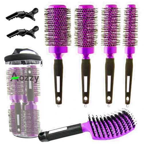 Aozzy 5pcs Blow-Drying Round Hair Brush Set - Ceramic, Boar Bristle Brush for Women - Thermal Barrel Brush Set, Styling & Roller Brush for Shiny, Smooth and Bouncy Hair
