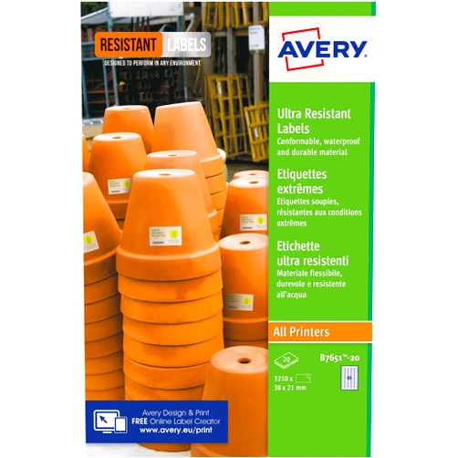 Avery B7651-20 Ultra Resistant Labels, White (A4 38.1 x 21.3 mm, 20 Labels)