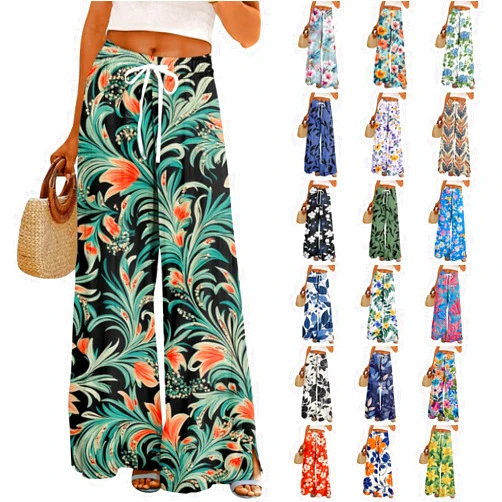 Elneeya Boho Wide Leg Pants for Women Flowy Drawstring Floral Palazzo Pants Baggy Tropical Hawaiian Pull on Beach Pant