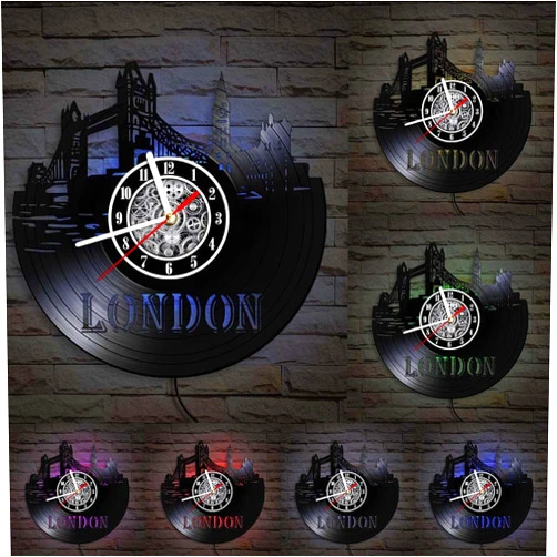 The Geeky Days London Skyline LED Vinyl Record Wall Clock 7 Color Light, Silent Quartz England London Cityscape Carved LP Record Hanging Watch England Big Ben Scenery Travel Gift