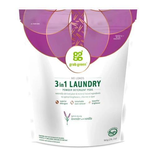Grab Green 3-in-1 Laundry Detergent Pods, 60 Count, Lavender Vanilla Scent, Plant and Mineral Based, Superior Cleaning Power, Stain Remover, Brightens Clothes