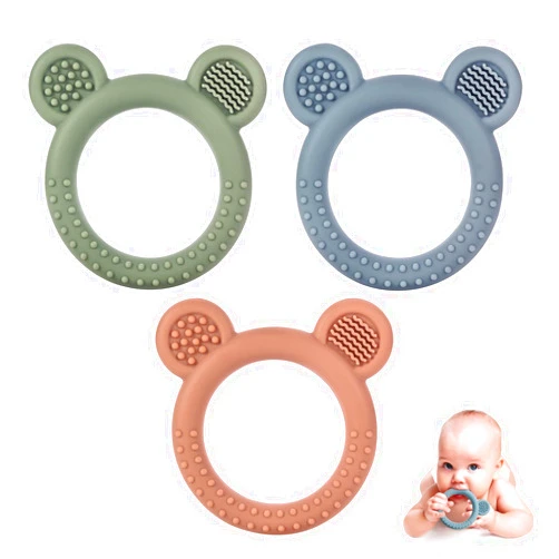 Eascrozn Baby Teething Toys for Babies 0-6 Months Set of 3, Baby Toys 6 to 12 Months, BPA Free Soft and Textured Bear Ring Silicone Teether Relief Soothing Sore Gums Chew Infant Toys