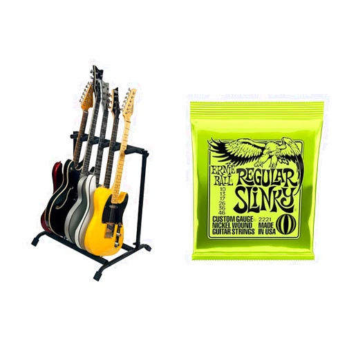 Rok-It Multi Guitar Stand Rack with Folding Design; Holds up to 5 Electric or Acoustic Guitars (RI-GTR-RACK5) & Ernie Ball Regular Slinky Nickel Wound Electric Guitar Strings - 10-46 Gauge